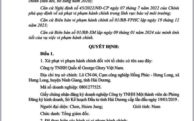Ai đứng sau Cty George Glory Việt Nam bị phạt do vi phạm môi trường?