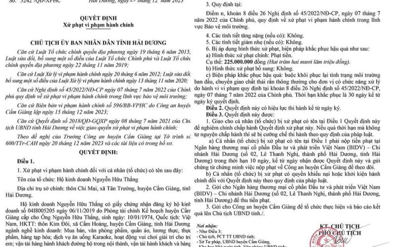 2 hộ kinh doanh ở Cẩm Giàng bị phạt 450 triệu đồng do vi phạm về môi trường