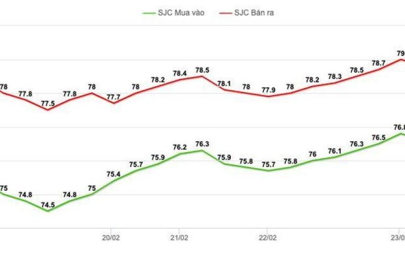 Vàng miếng SJC tiệm cận mốc 79 triệu đồng/lượng, tăng 400.000 đồng cả tuần qua