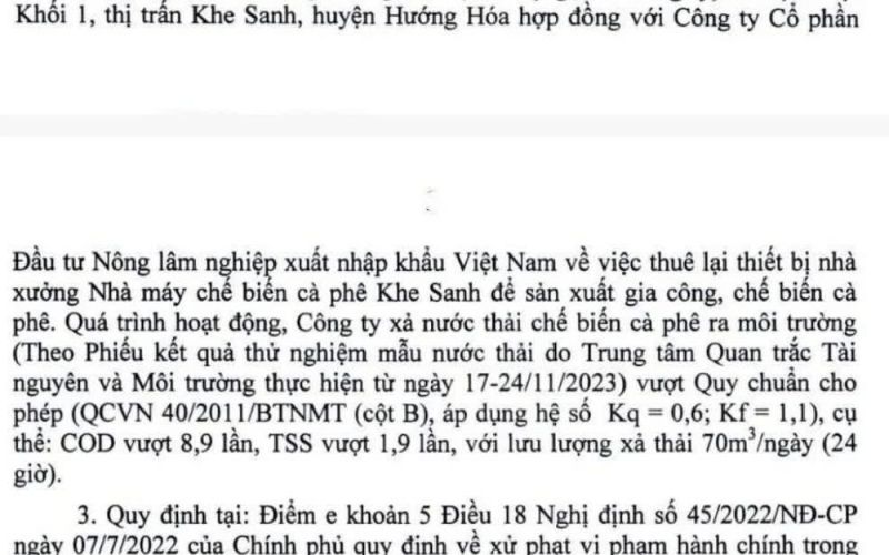 Vi phạm xả nước thải ra môi trường, một doanh nghiệp ở Quảng Trị bị phạt 288 triệu